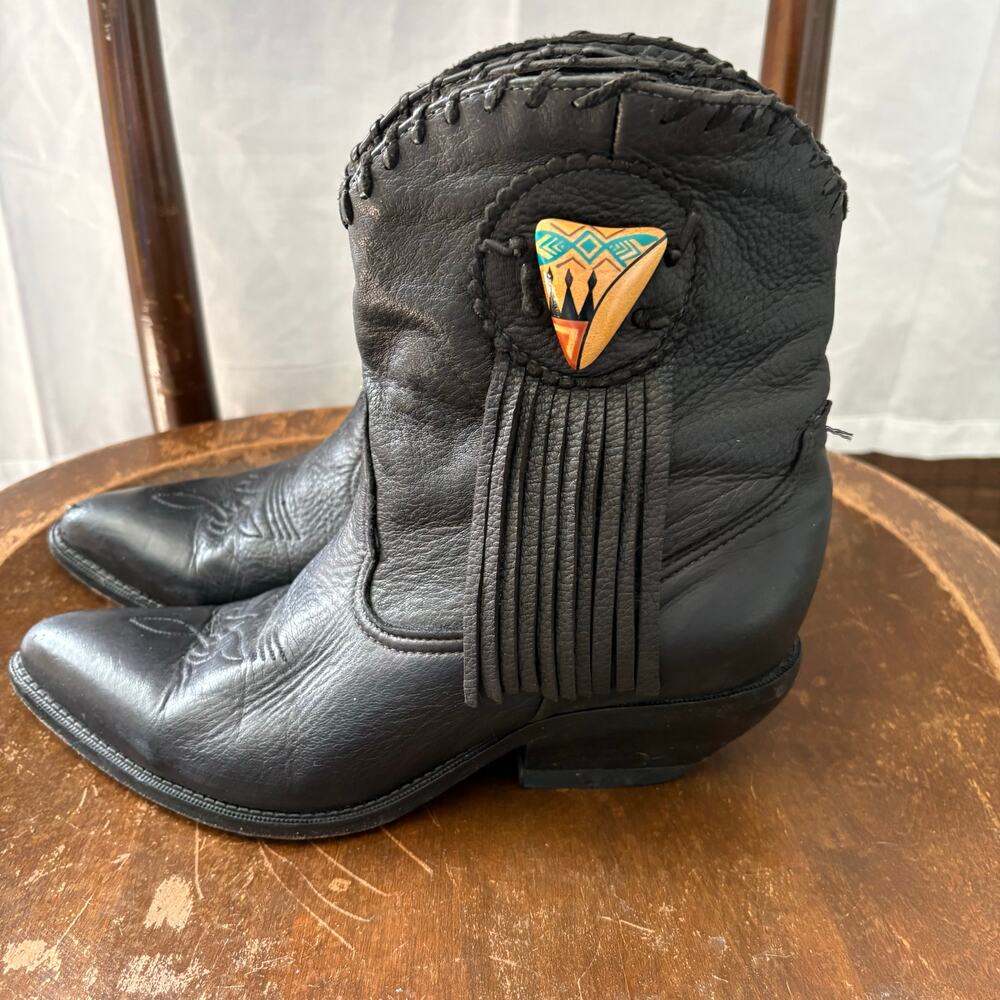 Zodiac Vintage 90s Western Fringe Boots Booties Triangle Leather Size 8 Medium - Picture 6 of 8